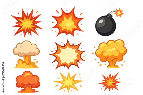Explosion bomb icon set. Cartoon vector collection of colorful boom and bang effects. Comic blast designs. Dynamite detonation, smoke cloud, and fire burst illustration.