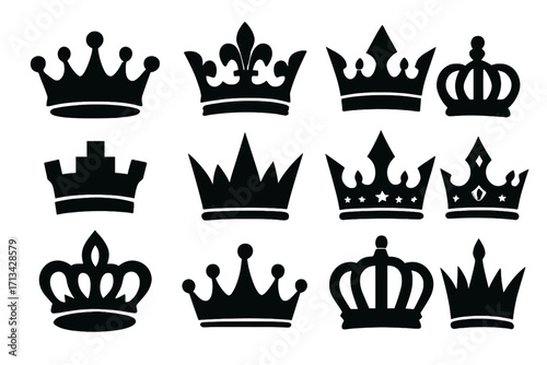 Set of royal crown silhouettes. King, queen, prince, and princess heraldic symbols. Monarchy and power concept icons. Luxury vintage graphic elements for logo or emblem design.