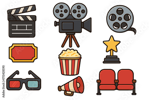Cinema movie icon set. Film industry objects. Vector cartoon illustration with clapperboard, camera, popcorn, film reel, 3D glasses, ticket, award. Entertainment concept.