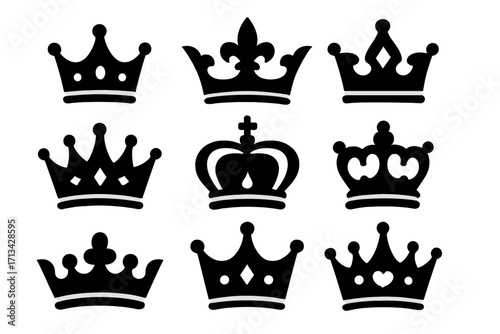 Collection of royal crown silhouettes. Vector icons for king, queen, prince. Majestic heraldic symbols set. Monarchy, luxury, power, and authority logo elements. Isolated black.