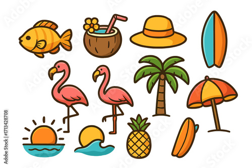 Summer icon set vector collection. Tropical beach holiday elements for paradise vacation. Flamingo, palm tree, pineapple, surfboard, coconut drink, sun hat, fish, sunset.