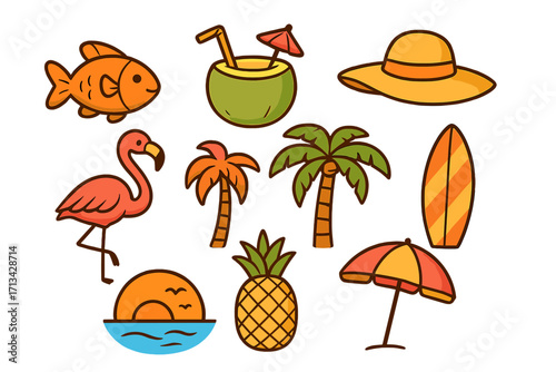 Summer beach icon set. Colorful cartoon vector illustration of tropical vacation elements. Cute doodle collection with fish, flamingo, palm tree, surfboard, and pineapple.