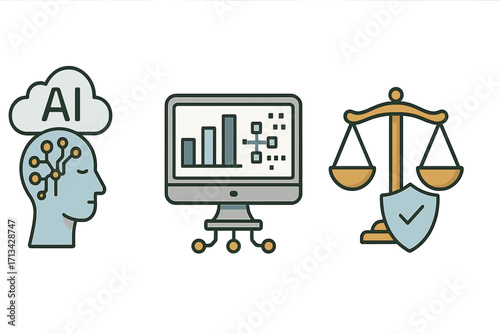 AI ethics, data privacy, and legal compliance concept. Artificial intelligence processing, machine learning analysis, and technology regulation with law and justice vector icons.