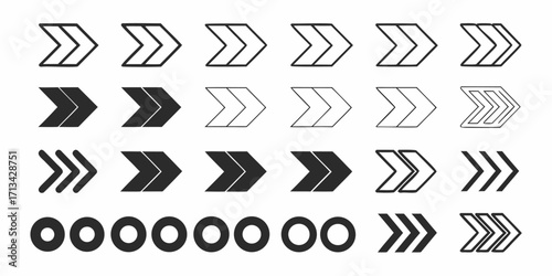 Collection of various arrow designs and circular shapes arranged in rows on a white background | editable eps vectors silhouette