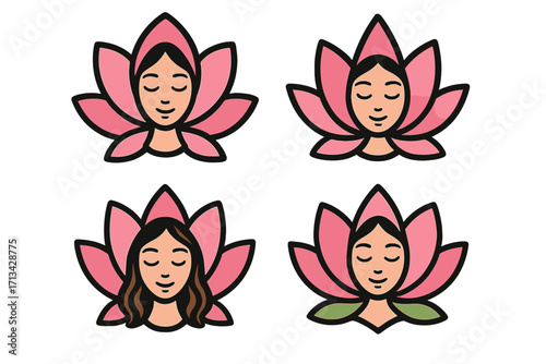 Lotus flower woman face logo set. Serene girl for spa, yoga, beauty salon icon collection. Meditation, wellness, harmony, self-care symbol. Natural cosmetic vector pack.