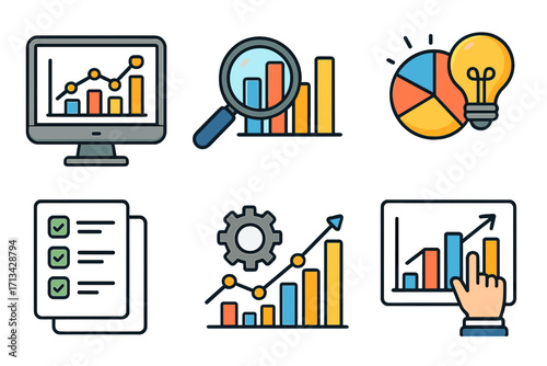 Data analytics icon set for business intelligence. Visual symbols for market research, statistics report, and financial analysis. Vector icons of chart, graph, growth, and insight.