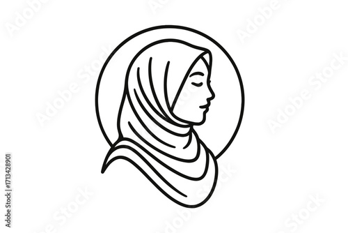 Muslimah logo vector. Hijab line art icon. Profile of a beautiful girl. Modest fashion brand concept. Islamic woman in headscarf. Beauty salon symbol. Arabic person.