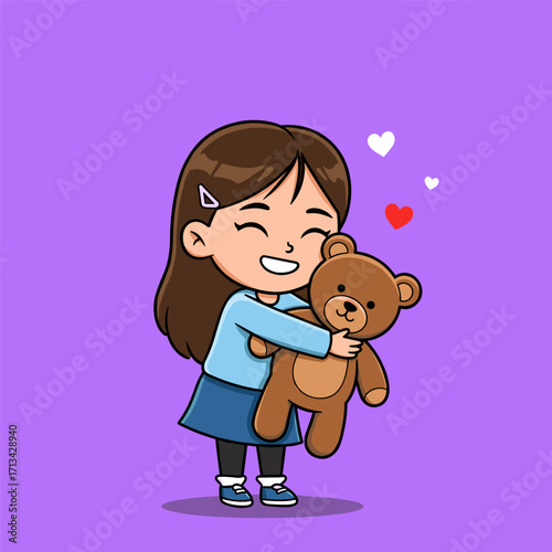 A cheerful child hugs a smiling teddy bear, surrounded by floating hearts on a purple background—radiating warmth, love, and playful charm.