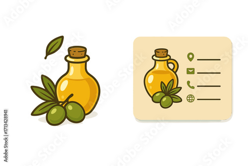 Olive oil logo and business card design. Vector illustration for organic food product branding. Healthy Mediterranean cooking concept. Corporate identity template with icons.