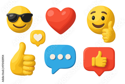 Social media 3D emoji icon set. Vector reactions like heart, thumbs up, cool smiley. Communication symbols for notification, feedback, chat, and online messaging. Isolated.
