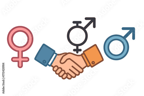 Gender equality, diversity and inclusion concept. Handshake between man and woman. Male, female, transgender symbols. Vector illustration for equal rights, partnership, teamwork.