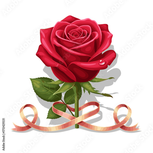 Red rose with ribbon and dewdrop illustration