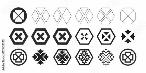 Variations of abstract geometric designs featuring crosses hexagons and circles in black and white color scheme | editable eps vectors silhouette