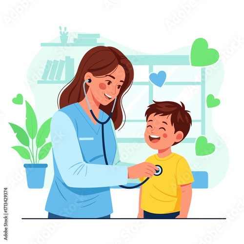 Doctor examining a happy boy with a stethoscope