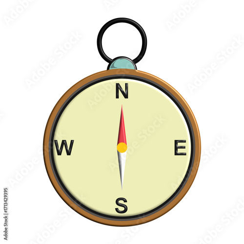 Classic navigational compass with a wooden frame pointing north.