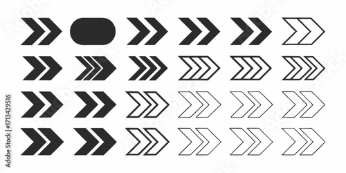 Collection of twenty different arrow icons and one rounded rectangle in a four by six grid | editable eps vectors silhouette