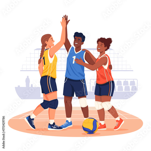 Volleyball players celebrating teamwork
