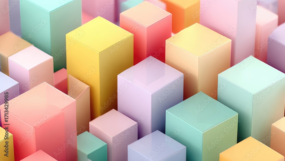 Fototapeta premium Abstract pastel-colored cubes of varying heights and sizes create a dynamic, three-dimensional cityscape effect with a glossy, reflective surface