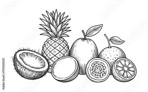 Exotic Fruit Medley A Hand Drawn Illustration of Tropical Delights Pineapple Coconut Guava Passion Fruit and Orange for Healthy Eating and Fresh Produce