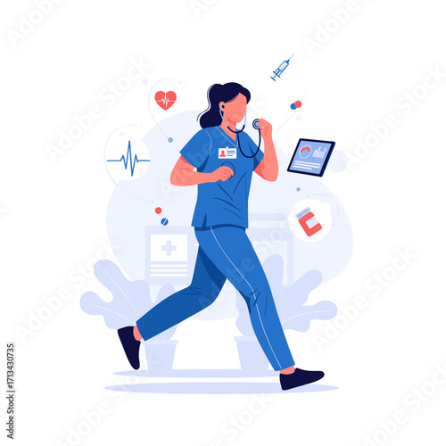 Medical professional running with health icons