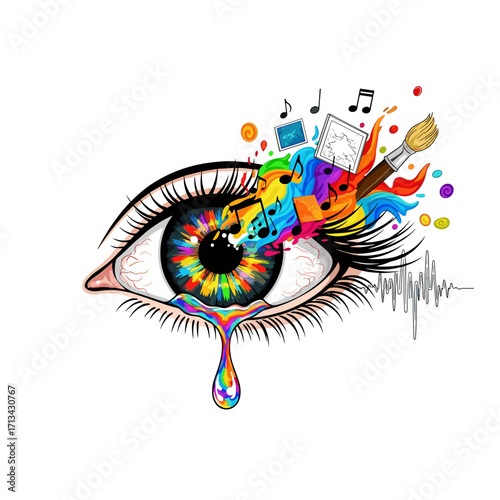Abstract eye with artistic elements and music
