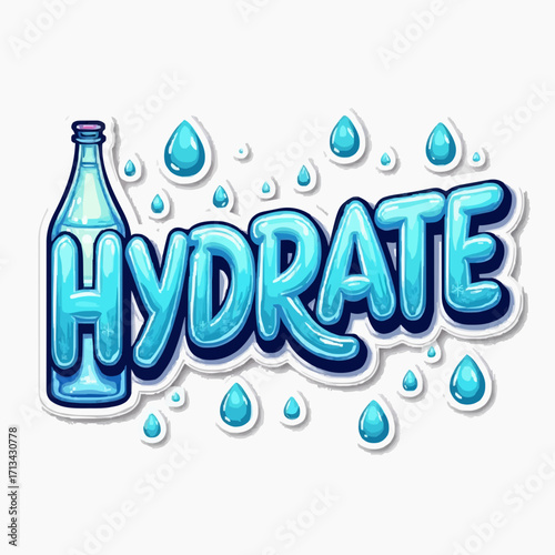 Refreshing Hydrate Text with Water Bottle Graphic