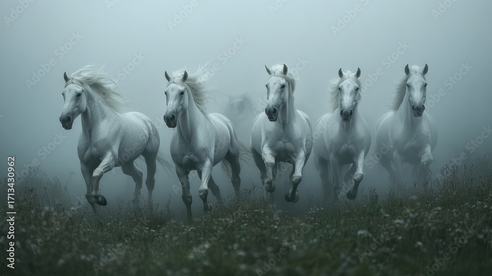 Fototapeta premium Majestic white horses galloping through a misty field