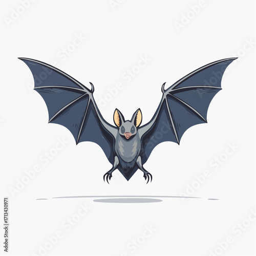 Vector illustration of a flying bat with its wings fully spread out. A stylized, minimal cartoon design with clean lines on a simple background
