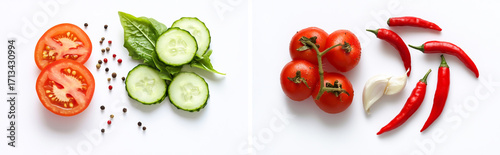 Fresh tomatoes, cucumber slices, basil, chili peppers, and garlic isolated on white background