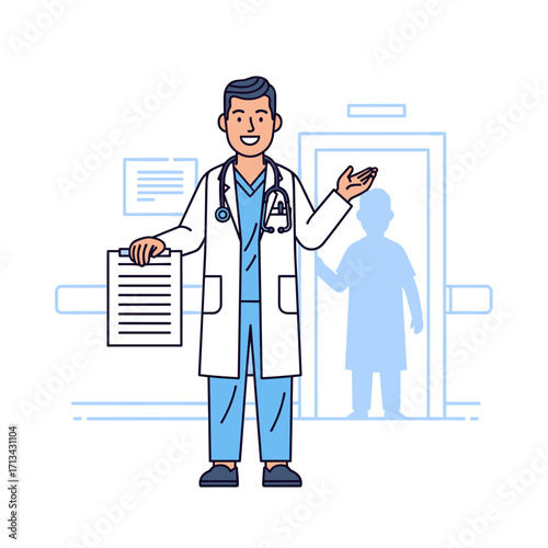Male doctor with clipboard in hospital