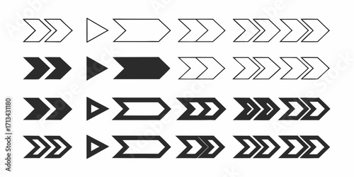 Various arrow designs arranged in rows and columns showcasing different styles and orientations of arrows | editable eps vectors silhouette