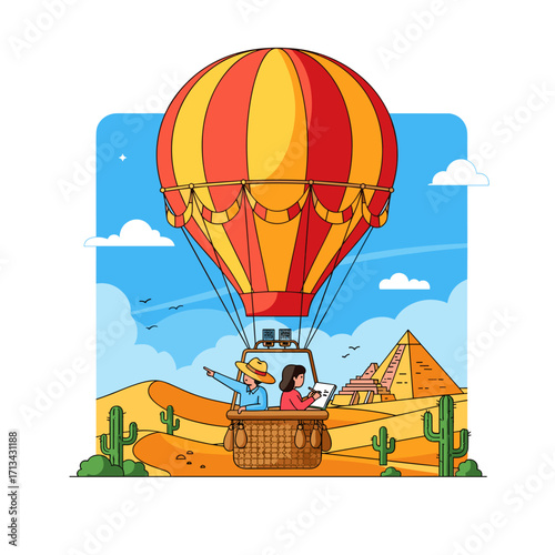 Hot air balloon over desert pyramids