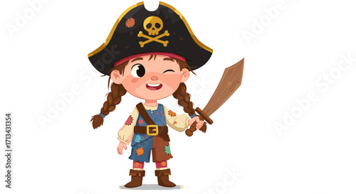 Cartoon Pirate Girl With Pigtails Holding Wooden Sword and Winking Isolated on White Background