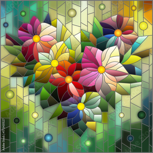 An illustration in the style of a stained glass window with bright flowers on a geometric background