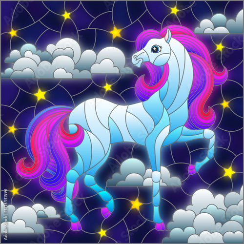 An illustration in the style of a stained glass window with a cute horse on the background of a night sky with stars and clouds