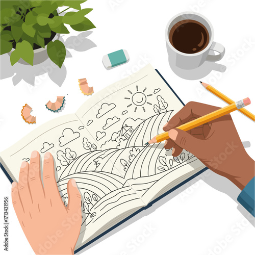 Person drawing a landscape in a sketchbook