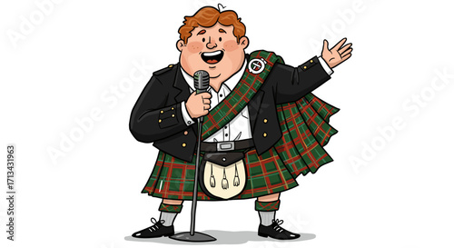 Happy Chubby Man Wearing Traditional Scottish Kilt Singing Into Vintage Microphone Isolated on White Background