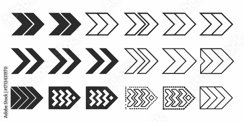 Collection of fifteen chevron arrow designs in various styles and arrangements on a white background | editable eps vectors silhouette