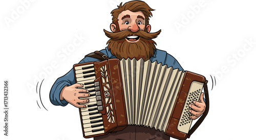 Happy Cartoon Man Playing Accordion Isolated on White Background Joyful Musical Performance