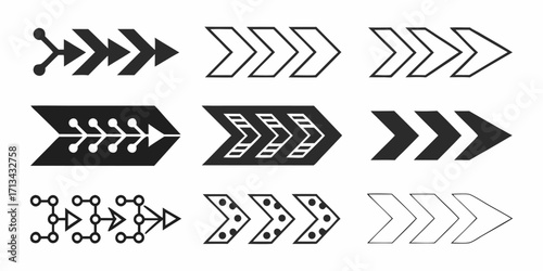 Collection of nine stylized arrows pointing right with various designs and fill variations shown clearly | editable eps vectors silhouette