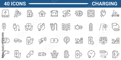 Set of 40 outline icons related to charging. Outline icon collection. Editable stroke. Vector illustration	