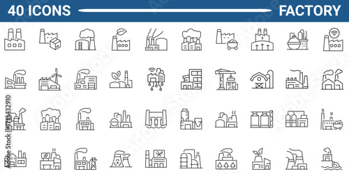 Set of 40 outline icons related to factory. Outline icon collection. Editable stroke. Vector illustration	