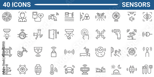 Set of 40 outline icons related to sensors. Outline icon collection. Editable stroke. Vector illustration	
