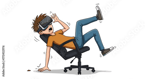 Young boy falling off chair wearing virtual reality headset immersed in digital world