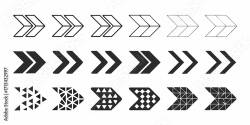 Collection of fifteen right pointing arrows in three rows with varying styles and fill patterns | editable eps vectors silhouette