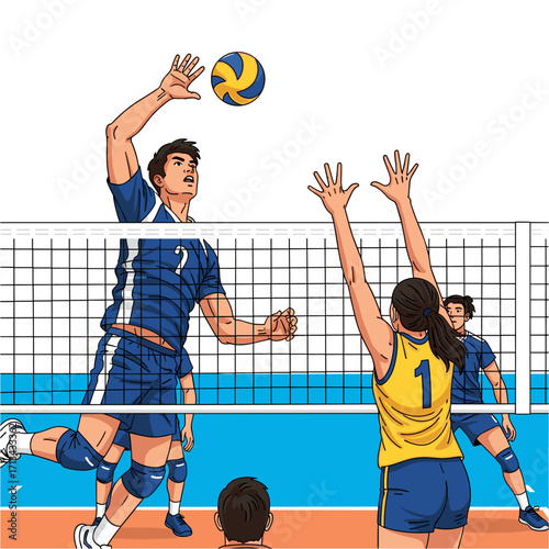 Volleyball players spiking and blocking at net