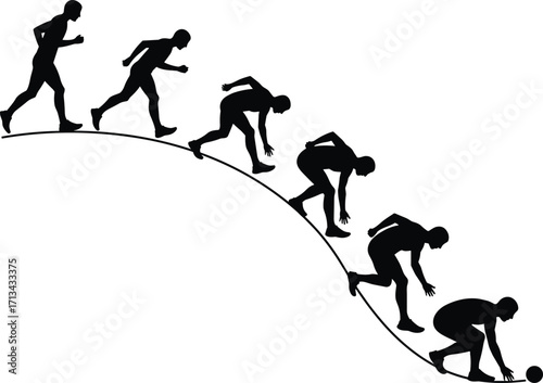 Running silhouette sequence, human motion on slope, dynamic movement, athlete figure, sports illustration, downhill action, fitness concept, momentum, energy, speed
