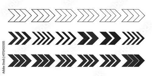 Three rows of right pointing chevron arrows in different styles and fills arranged horizontally across page | editable eps vectors silhouette