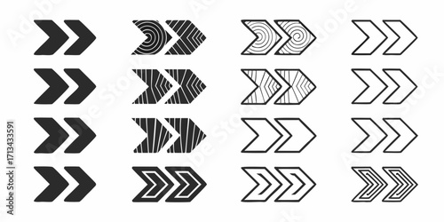 Collection of stylized right pointing arrows with various fill patterns and outline designs arranged in rows | editable eps vectors silhouette