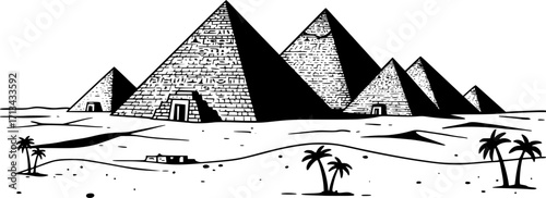Simple black and white illustration of Egyptian pyramids landscape
